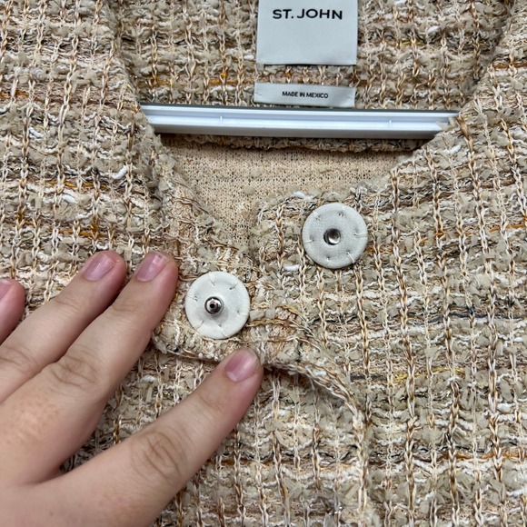 St John Womens Blazer Jacket 4 Tan Tweed Cotton Linen Career Snap Button Crew - Picture 2 of 8